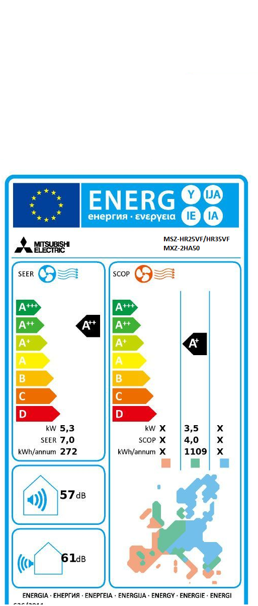 Mitsubishi Inverter, Basic, Wandgerät, MSZ-HR25 VFK + MUZ-HR25 VF E1 9000 BTU bis ca. 25m² inkl. WiFi