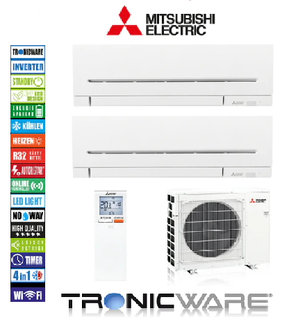 Mitsubishi 2-Raum Multisplit, Basic, Wandgerät, MSZ-HR25 VF + MUZ-HR35 VF + MXZ-2HA50 9000 BTU + 12000 BTU