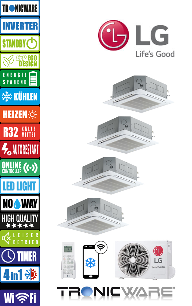 LG Inverter, 4 - Wege Deckenkassetten, Kassettengeräte, CT18F NR0 + CT12F NR0 + CT09F NR0 + CT09F NR0 + MU5R30 U40